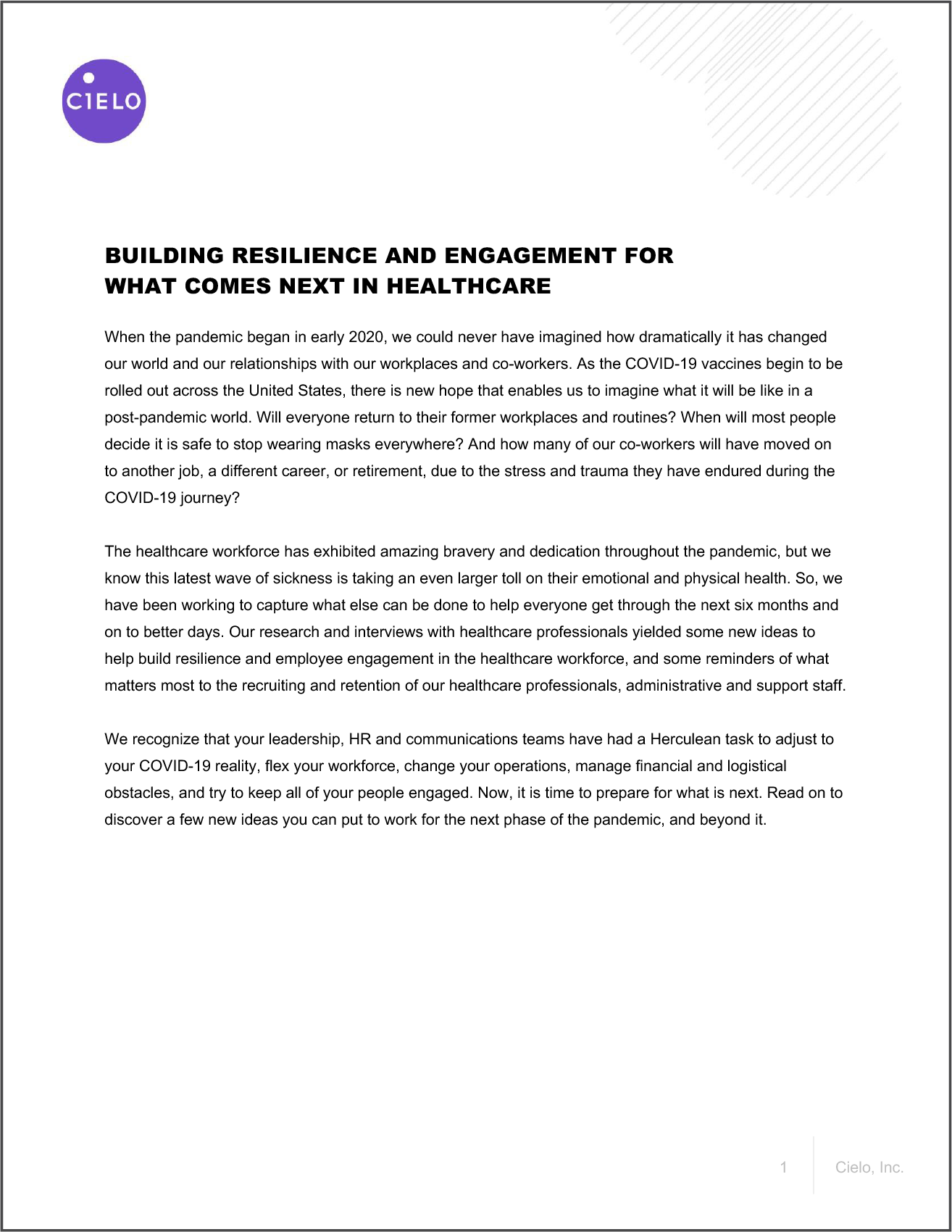 Cover page of Building Resilience and Engagement for What Comes Next in Healthcare